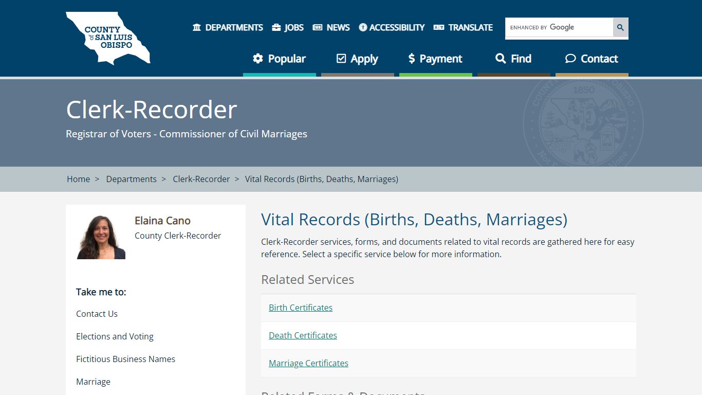 Vital Records (Births, Deaths, Marriages) - County of San ... - California